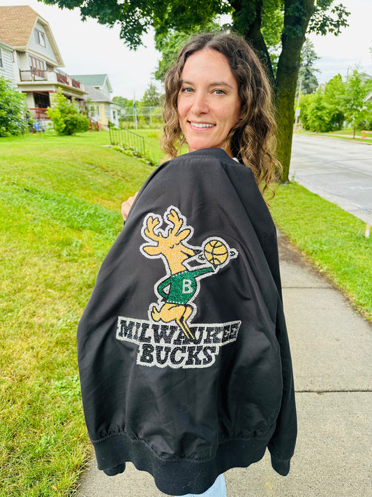 Milwaukee Bucks Bango Logo Hand-Embellished Bomber Jacket (Ready to Ship)
